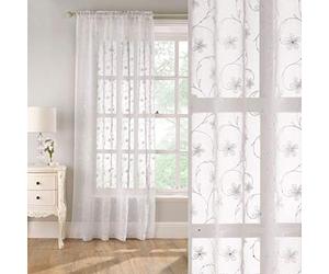 Tyrone Textiles Belle - Embroidered Floral Voile Panel Curtain on Linen Style Ground with Glittery Sequins (White, Drop - 48" (122cm))