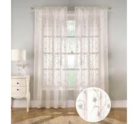 Tyrone Textiles Embroidered Voile Panel with Floral Pattern on Linen-Look Fabric - Pair - Cream - 55" (140cm) Width x 90" (229cm) Drop