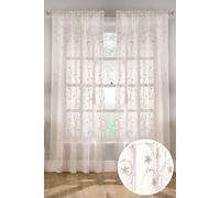 Embroidered Voile Panel with Floral Pattern on Linen-Look Fabric - Pair Tyrone Textiles Cream 140cm width x 183cm drop