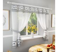 Floral Embroidery Kitchen Curtains Window Sets with Matching Tie Backs Tyrone Textiles Black 249cm width x 137cm drop