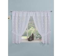 Tyrone Textiles Kew White Embroidered Floral Window Set 48 Inch (122 Cm) Rod Pocket Window Set With Attached Valance And 2 Matching Tie Backs