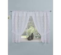 Tyrone Textiles Kew White Embroidered Floral Window Set with Attached Valance and Matching Tie Backs - White - 114" (290cm) Width x 48" (122cm) Drop