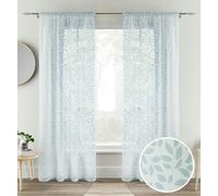 Tyrone Textiles Leaf Print Linen-Look Voile Panel - Pair - Duck Egg Blue - 57" (145cm) Width x 54" (137cm) Drop