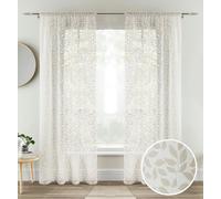 Tyrone Textiles Leaf Print Linen-Look Voile Panel - Pair - Natural - 57" (145cm) Width x 54" (137cm) Drop