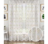 Tyrone Textiles Oasis Natural Voile Curtain 55 x 90 Inch (140 x 229cm) Rod Pocket Embroidered Leaf Design Pair of Voile Panels Sheer Curtains for Bedroom, Living Room & Patio Door