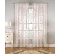 Embroidered Voile Panel with Floral Pattern on Linen-Look Fabric - Pair Tyrone Textiles Cream 140cm width x 183cm drop