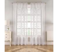 Embroidered Voile Panel with Floral Pattern on Linen-Look Fabric - Pair Tyrone Textiles White 140cm width x 183cm drop