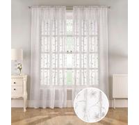 Tyrone Textiles Pair Of Belle White Sheer Floral Embroidery Voile Panels With Rod Pocket Header 137 Cms
