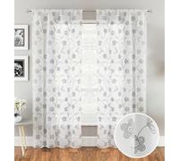 Tyrone Textiles Pair Of Sienna Grey Floral Paste Print Patterned Voile Panels With Rod Pocket Header 229 Cm