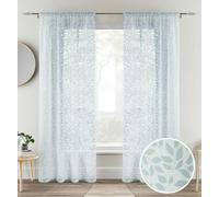 Tyrone Textiles Pair of Willow Blue Leaf Print Linen Look Sheer Voile Panels 229 CMS