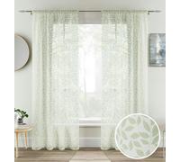 Tyrone Textiles Willow Leaf Print Linen-Look Voile Panel - Pair - Green - 55" (140cm) Width x 48" (122cm) Drop