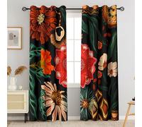 Tyrot 100% Blackout Curtains, Thermal Insulated Curtains with Grommet Bohemian Floral Pattern Mid-Century Window Treatment Set for Living Room Bedroom, W52 x L72 Inch, Black, Set of 2