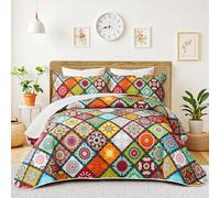 Tyrot 3 Piece Boho Colorful Quilt Set Full/Queen Size Bohemian Reversible Bedding Set Microfiber Lightweight Bedspread Coverlet with 2 Sham Patchwork Mandala Print Bed Covers for All Season, 90''x96''
