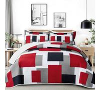Tyrot 3 Piece Red Black Grey Quilt Set Full/Queen Size Christmas Red Geometric Reversible Bedding Set Microfiber Lightweight Bedspread Coverlet with 2 Shams Modern Bed Cover for All Season, 90''x96''