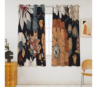 Tyrot Black Boho Floral 100% Blackout Curtains 54 Inch Long 2 Panels Mid Century Modern Botanical Grommet Thermal Insulated Room Darkening Black Out Window Drapes for Kitchen, 52Wx54L