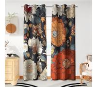 Tyrot Black Boho Floral 100% Blackout Curtains for Bedroom 72 inch Long 2 Panels Mid Century Botanical Black Out Curtains for Living Room Grommet Thermal Insulated Room Darkening Window Drapes,42Wx72L