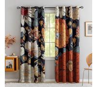 Tyrot Black Boho Floral 100% Blackout Curtains for Bedroom 84 inch Long 2 Panels Mid Century Botanical Black Out Curtains for Living Room Grommet Thermal Insulated Room Darkening Window Drapes,52Wx84L
