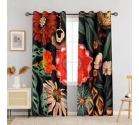 Tyrot Black Boho Floral 100% Blackout Curtains for Living Room 96 inch Long 2 Panels Mid Century Botanical Black Out Curtains for Bedroom Grommet Thermal Insulated Room Darkening Window Drapes,52Wx96L