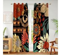 Tyrot Set of 2 100% Blackout Thermal Insulated Curtains with Grommets, Bohemian Floral Mid-century Style Pattern, for Living Room, Bedroom, W 52 x L 96 Inch, Black