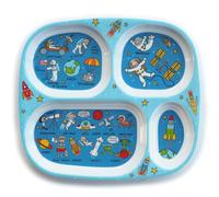 Tyrrell Katz Divider Plate in Blue with 4 Sections and Space Design - Dishwasher Safe Melamine Kids Compartment Tray - 24 x 21 x 2 cm