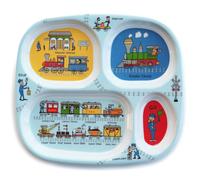 Tyrrell Katz Divider Plate in Blue with 4 Sections and Trains Design - Dishwasher Safe Melamine Kids Compartment Tray - 24 x 21 x 2 cm