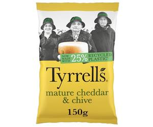 Tyrrells Crisps MATURE CHEDDAR & CHIVE Crisps 150g Bag - Hand-cooked & spun for an exquisite fresh taste. No artificial ingredients (No artificial flavour, colours or MSG)