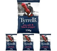Tyrrells Crisps SEA SALT & BLACK PEPPER Sharing Crisps 150g Bag - Hand-cooked & spun for an exquisite fresh taste. No artificial flavour, colours or MSG (Pack of 4)