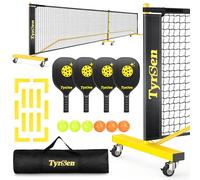 TYRSEN Pickleball Net Set - 22FT Regular Size, 4 Paddles, 6 Balls, 12 Court Markers, 1 Carry Bag, Portable, Black & Yellow, Adult, Pickleball