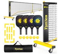 TYRSEN Pickleball Net Set - Pickleball Net on Wheels for Driveway Backyard, 22FT Regular Size, 4 Fiberglass Paddles & 6 Balls, 12 Court Markers, 1 Carry Bag, Pickleball Set for Indoor Outdoor
