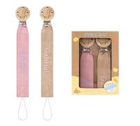 TYRY.HU Personalised Dummy Clips Boys Girls 2Pack Pacifer Chain Holder Set Soft Webbing DIY Customized Name Unisex Newborn Universal Dummies Baby Shower Pink+Khaki