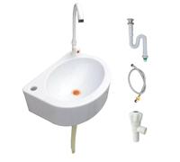 TYTFTDLD Single Wall Washbasin, White Plastic Basin, Semi-Circular Washbasin, Simple Basin with Tap, Suction and Drain Pipes, Suitable for Indoor and Outdoor Use [Vertical Tap]