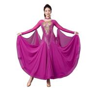 Tytyozay Women's Standard Ballroom Dance Gown, Long Sleeve Round Neck Practice Costume Elegant Rhinestone Sequin Dress with Flowing Chiffon Skirt for Waltz Tango Foxtrot Competition,Purple,XXL