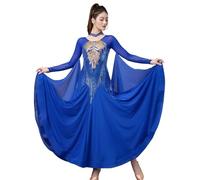 Tytyozay Women's Standard Ballroom Dance Gown, Long Sleeve Round Neck Practice Costume Elegant Rhinestone Sequin Dress with Flowing Chiffon Skirt for Waltz Tango Foxtrot Competition,Blue,XXL