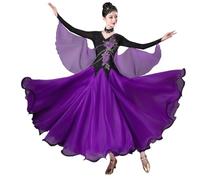 Tytyozay Women's Standard Ballroom Dress, Elegant Long-Sleeve Waltz Dance Dress with Chiffon Flutter Sleeves Floral Decor and Wide Swing Skirt for Training and Stage Performances,Purple,XXL