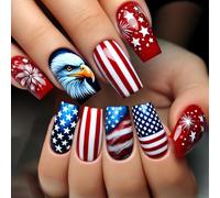 Tyuimhx 4th of July Press on Nails Medium Square Fake Nail Independence Day False Nails with American Flag Eagle Star Stripe Designs Acrylic Patriotic Artificial Glue on Nail for Women 24 Pcs