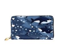 TYUMHBlue Killer Whale Leather long clutch wallet with 12 card slots and 3 full pockets for cash, designed for fashionable women.