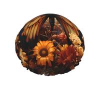 TYUMHorange yellow butterfly field flowers Printed shower cap, lightweight, elastic, portable, suitable for bathing and hair care