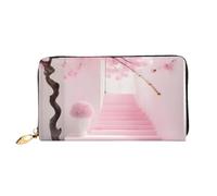 TYUMHPink cherry blossom staircase Leather long clutch wallet with 12 card slots and 3 full pockets for cash, designed for fashionable women.