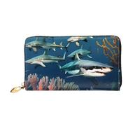 TYUMHSharks under the sea Leather long clutch wallet with 12 card slots and 3 full pockets for cash, designed for fashionable women.