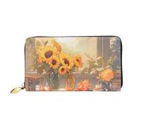 TYUMHSunflowers under the windowsill Leather long clutch wallet with 12 card slots and 3 full pockets for cash, designed for fashionable women.