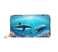 TYUMHWhales under the sea Leather long clutch wallet with 12 card slots and 3 full pockets for cash, designed for fashionable women.