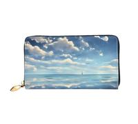 TYUMHWhite clouds over the sea Leather long clutch wallet with 12 card slots and 3 full pockets for cash, designed for fashionable women.