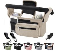 Tyuodna Baby Pram Bag Stroller,Universal Stroller Bag with 2 Insulated Cup Holder,Large Capacity Bag Organiser with Shoulder Strap&Non-Slip Secure Hooks (Beige)