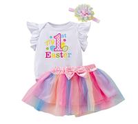 TYUSGH Baby Girls My First Easter Outfit Infant Letter Print Fly Sleeve Romper and Bow Tulle Tutu Skirt with Headband 3 Piece Clothes Set (A, 6-9 Months)