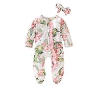TYUSGH Baby Girls Romper Long Sleeve Floral Print Footed Bodysuit Infant Ruffle Jumpsuit Summer with Headbands Baby Grows Coming Home Clothes Outfits White