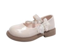 TYUSGH Girls Mary Jane Shoes White Bow with Pearls Low Heels | Hook-Loop, Non-Slip, Round Toe, Casual, Comfort, for Wedding, Birthday, Party, Ballet, Back to School