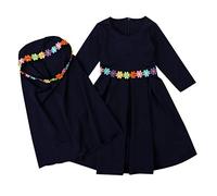 TYUSGH Kids Girls Muslim Dresses Long Hijab Dress Sleeves Baby Long Islamic with Abaya Embroider Dress for Birthday Party Dark Blue