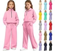 TYUSGH Kids Tracksuit Set Girls Half Zip Sweatshirt and Joggers Outfits Sets 2 Piece Activewear Teenage Casual Jogging Bottoms Wide Leg Sweatpants Plain Sweatsuit (A-Pink, 13-14 Years)