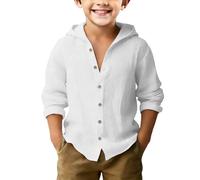 TYUSGH Linen Shirt for Boys Long Sleeve Button Down Hooded Shirts Kids Casual Lightweight Top Solid Color Beach Blouse Breathable Loose Fit T Shirt