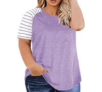 TYUSGH Summer Shirts for Women Large Size Fashion Casual Spliced Stripe Round Neck Short Sleeve Top Loose Fit Pullover Workout Blouse for Girlfriend Purple
